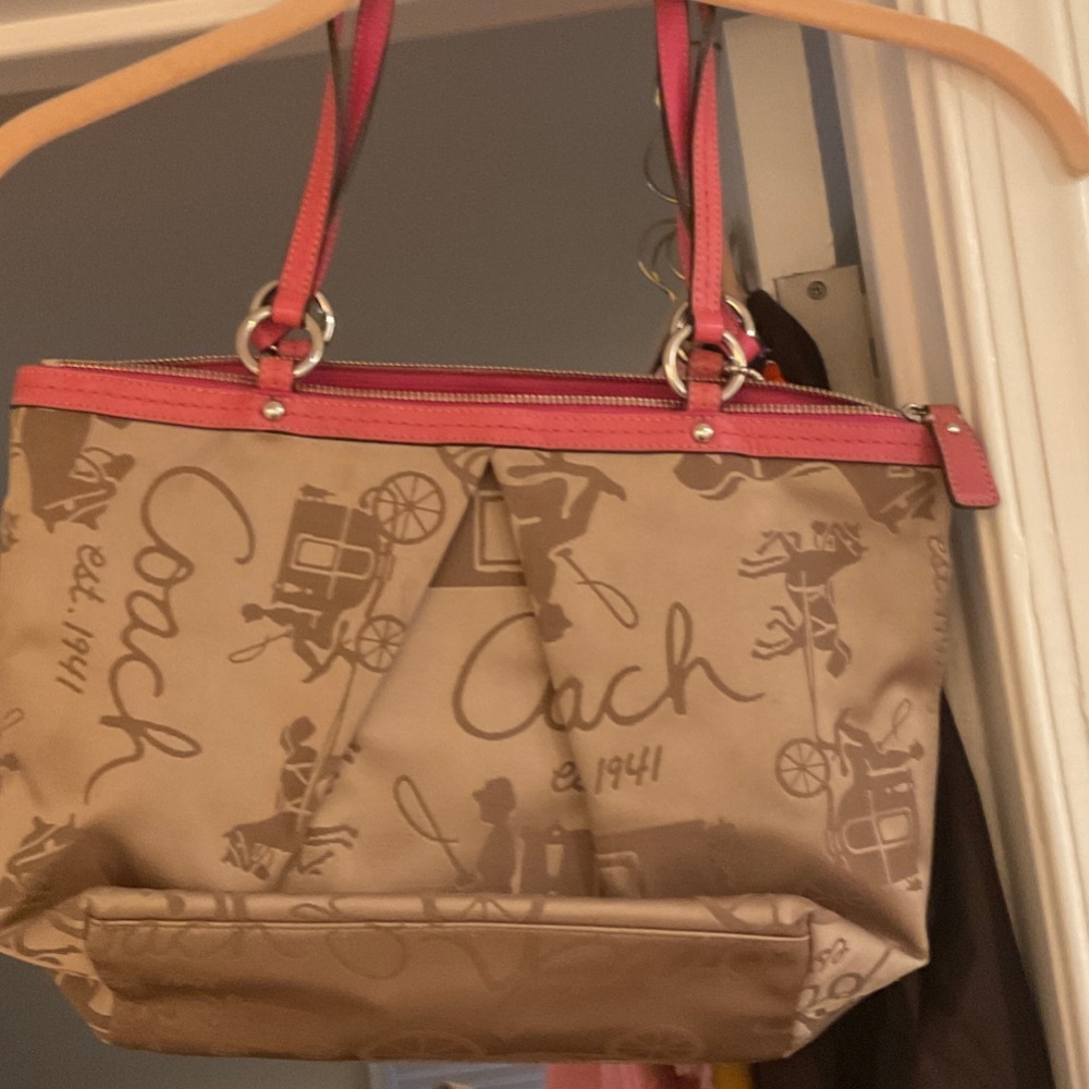 Coach Carriage Tan Tote with Pink Accents